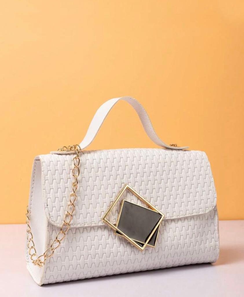 Mini Flap Square Bag Embossed Detail Metal Decor - White