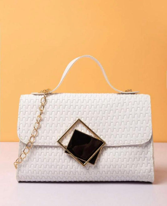 Mini Flap Square Bag Embossed Detail Metal Decor - White