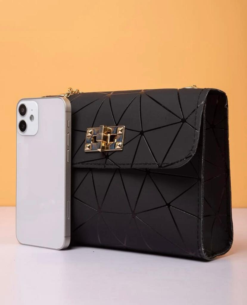 Mini Twist Lock Geometric Pattern Flap Square Bag - Black