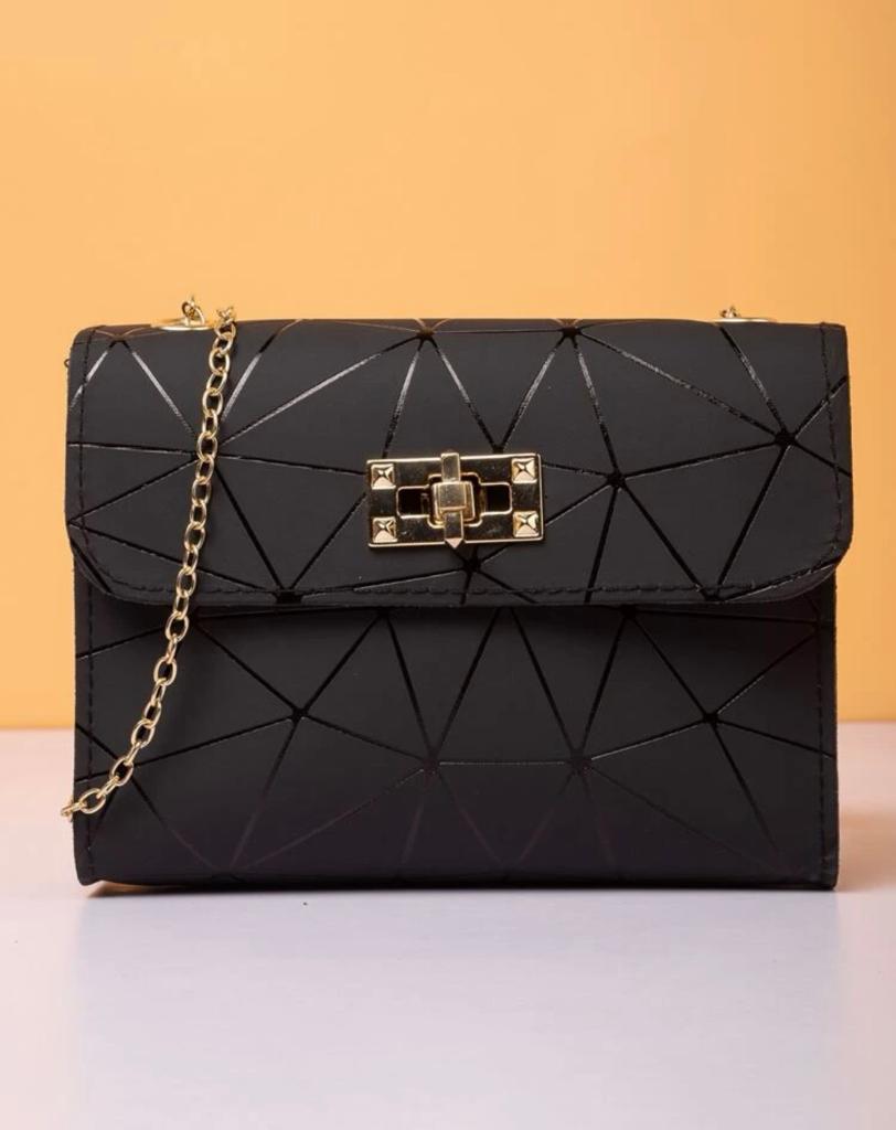 Mini Twist Lock Geometric Pattern Flap Square Bag - Black