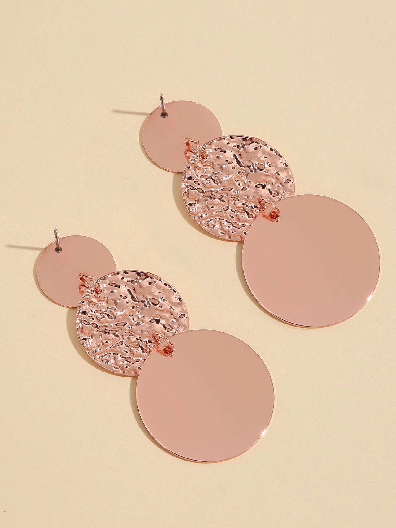 Textured Metal Round Drop Earrings - Rose Gold