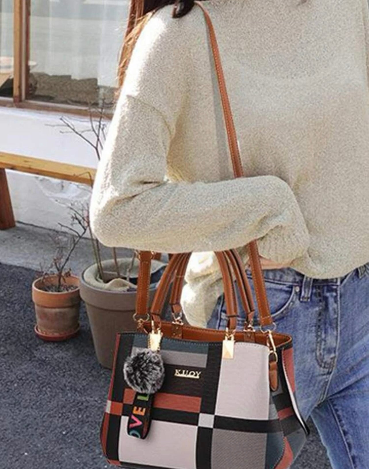 Colorblock Plaid Tote Bag With Pom Pom Charm