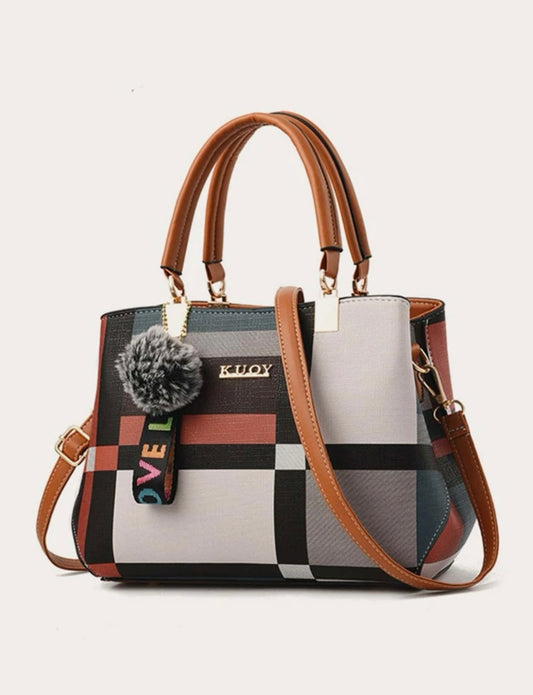 Colorblock Plaid Tote Bag With Pom Pom Charm