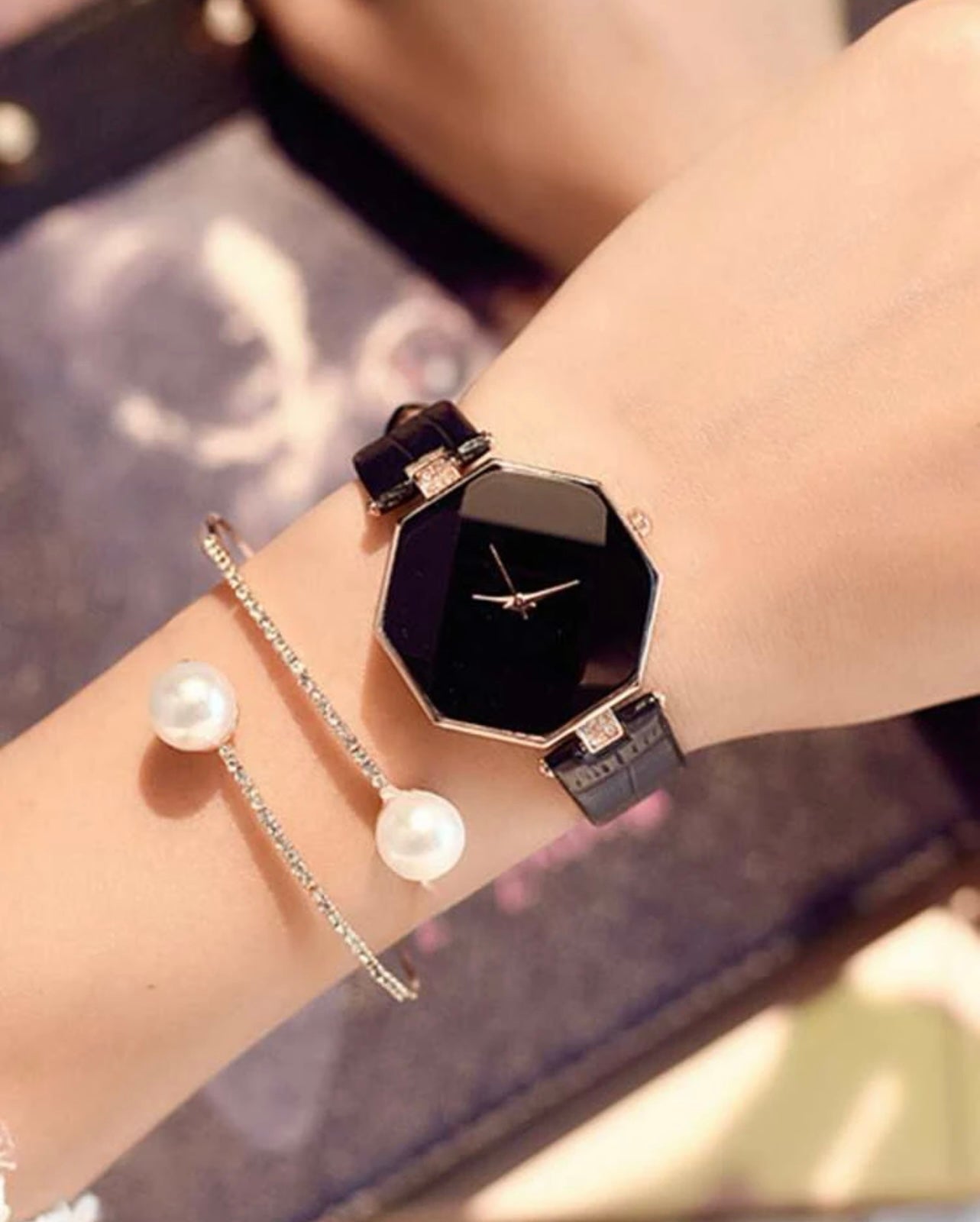 2pcs Polygon Quartz Watch With Bracelet Set